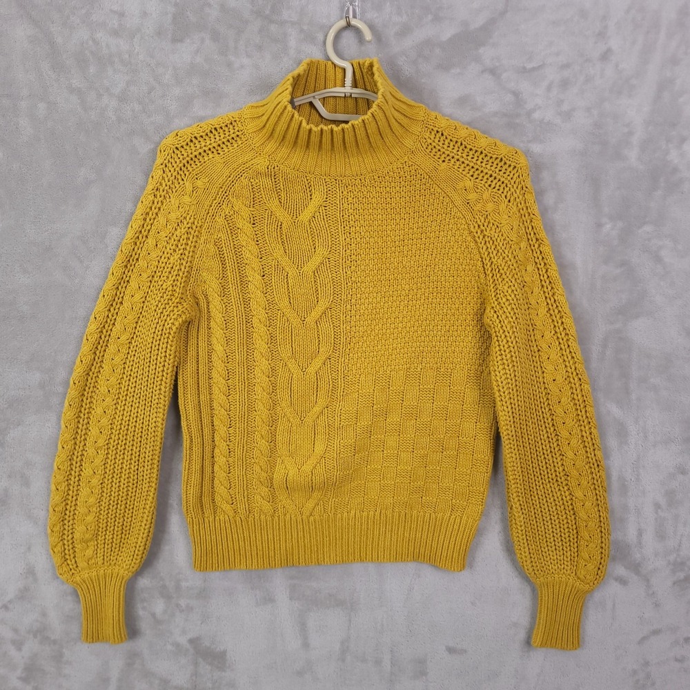 J Crew Sweater Womens Small Cable Knit Mustard Pullover Mock Neck Fisherman